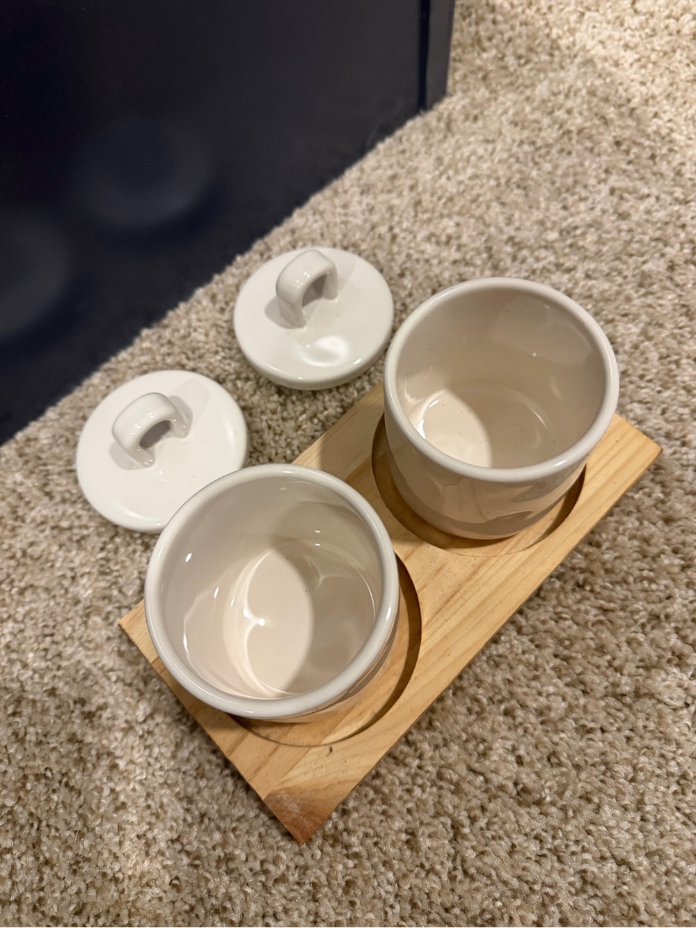 Rae Dunn White Ceramic 'Bobby Pins' & 'Hair Ties' Storage Jars with Bamboo Tray - Picture 5 of 5